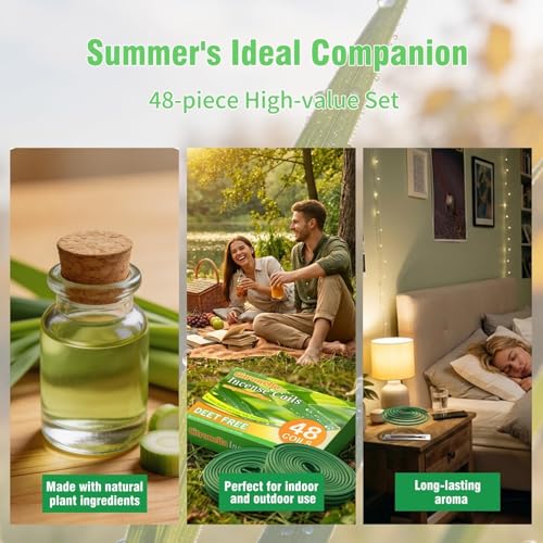 Citronella Incense Coils 48-Pack with 2 Holders for Outdoor Patio & Camping