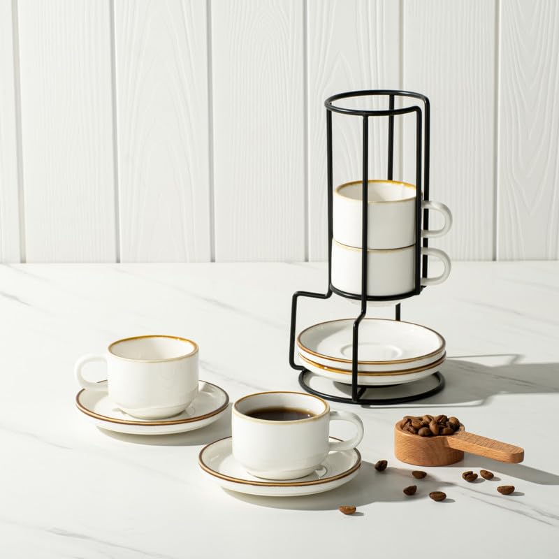 ONEMORE 2.5 Oz Porcelain Espresso Cups Set of 4 with Saucers & Metal Rack