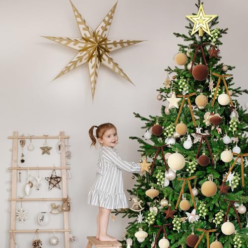 Hollowfly 95-Piece Velvet Christmas Ornament Set in Coffee Brown Beige – Includes 48 Velvet Balls, 12 Glitter Berry Stems, 12 Flocking Bows, 12 Lantern Balls, 10 Stars, Top Star