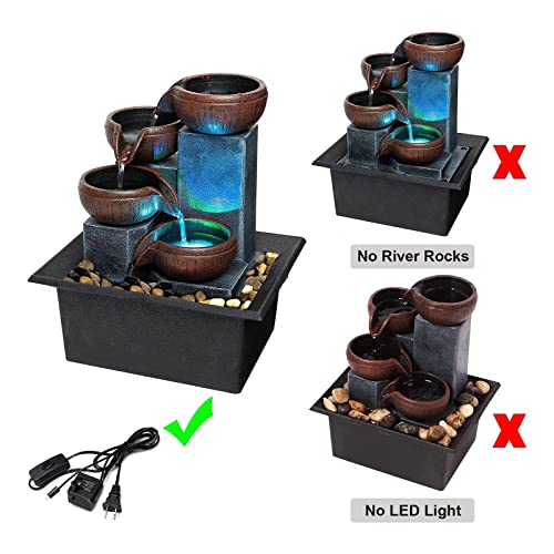 4-Tier Indoor Tabletop Water Fountain with Color LED Light & Rocks