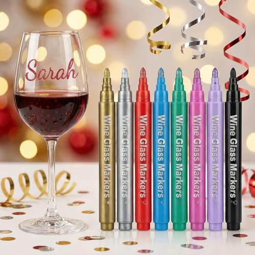Wine Glass Markers - 8 Metallic Washable Pens for Drinks & Glasses