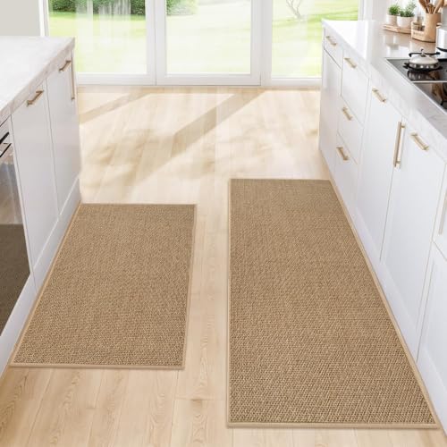 Washable Kitchen Rug Set of 2, Non-Slip Chenille Floor Mats, Khaki