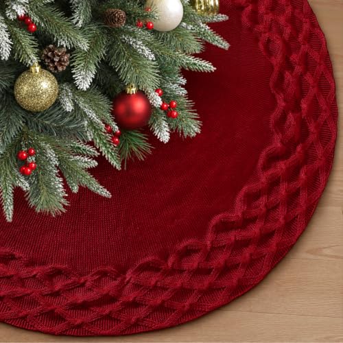 TOCHGREEN Red Knitted Christmas Tree Skirt 36 Inches - Diamond Cable Knit