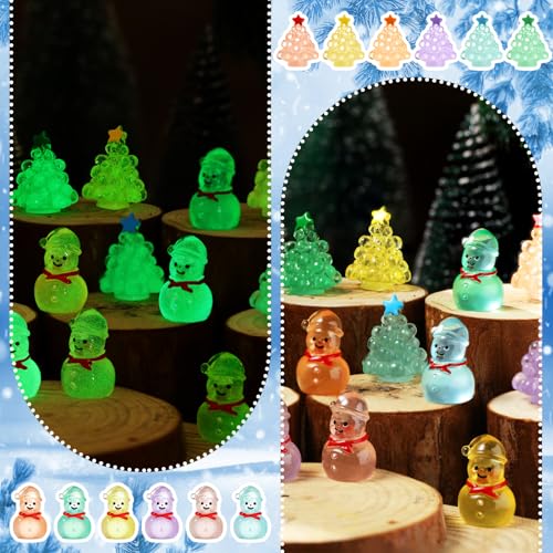 96 Pcs Luminous Mini Christmas Tree & Snowman Figurines Set – Glow in the Dark Resin DIY Holiday Decor