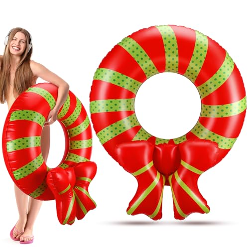 JellyArch Christmas in July Inflatable Pool Rings 31.5" - Set of 2 Holiday Wreath Floats for Summer Pool Parties