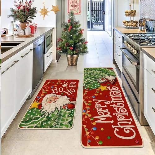 Baccessor Christmas Kitchen Rugs Set of 2 Red Claus Snowman 17x29 & 17x47 Inches