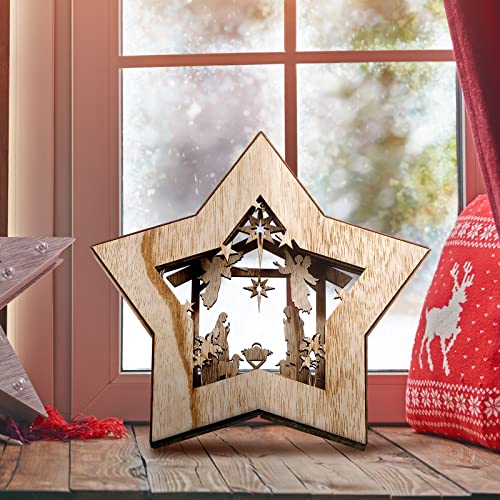 LED Wooden Nativity Scene Star Ornament - Rustic Tabletop Christmas Display