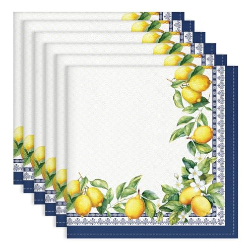 Lemon Print Cotton Cloth Napkins, 18x18 Inch, Set of 6 for Dining Table