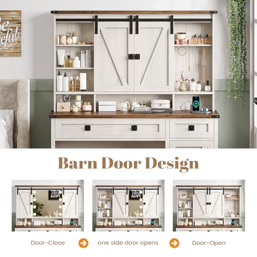 Farmhouse Makeup Vanity Desk with Mirror, Lights, and Charging Station