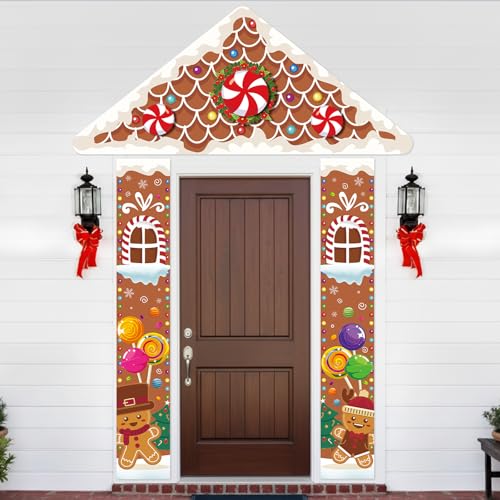 Gingerbread House Door Decor Set – 3pcs Christmas Banner & Rooftop Topper