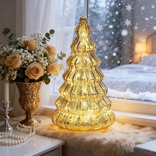 Gold Mercury Glass Christmas Tree Lamp with Timer, Battery Operated Night Light, 8.2-inch Tabletop Holiday Decor