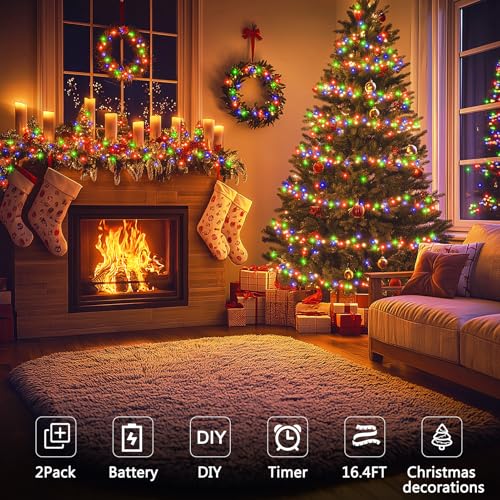 EchoSari 2 Pack 16.4ft Battery Fairy Lights, Waterproof IP54, Multicolor
