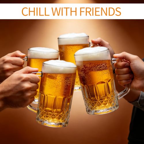 4-Pack 17.4 oz Large Glass Beer Mugs with Handles for Freezer Chilling
