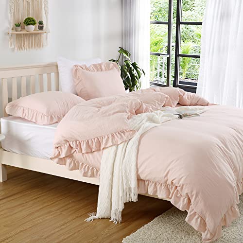 Pink Ruffled Duvet Cover Set - Twin Size Vintage French Country Bedding
