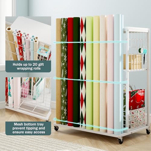 Rolling Wrapping Paper Organizer Cart with Wheels and Drawers