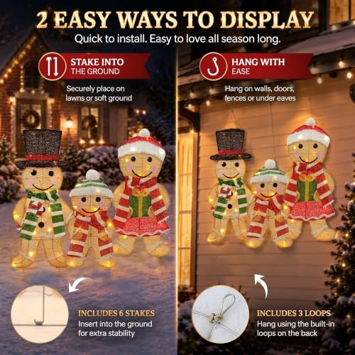 Lighted 3-Piece Gingerbread Family Yard Decor - 28in 45 LED Seasonal Outdoor Decorations
