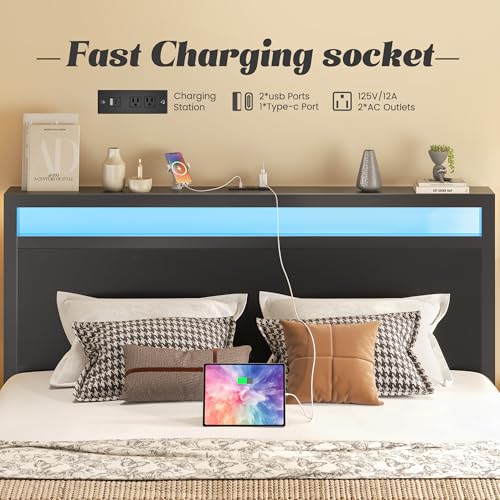 Queen Bed Frame with Storage Headboard, LED Lights & Charging Station