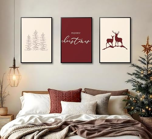 FJKLRP 3pcs Christmas Canvas Wall Art Set 12x16 inches Unframed Red and Off-White