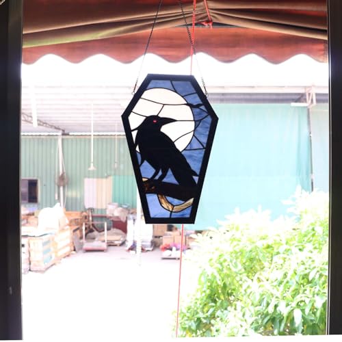 Bieye Gothic Raven Stained Glass Window Panel - Halloween Sun Catcher, Coffin Shape, 16 Inches