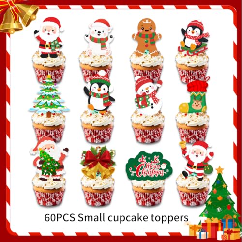 60pcs Christmas Cupcake Toppers for Holiday Baking Decorations