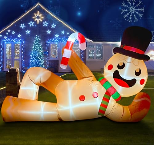 EAONE 10 FT Inflatable Gingerbread Man Lying Flat Christmas Yard Decoration with LED Lights