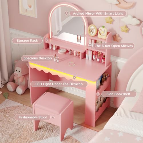 Kids Vanity Desk with LED Mirror, Bookshelf, and Chair Set - Pink