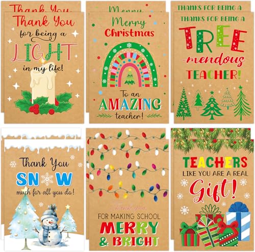 Kraft Christmas Thank You Cards for Teachers - 12 Pack Holiday Appreciation Cards with Envelopes & Stickers