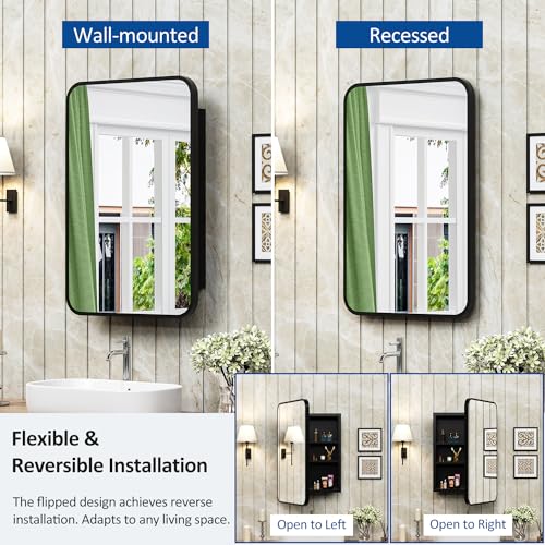 16x24 Inch Metal Framed Medicine Cabinet with Mirror, Recessed or Wall Mount