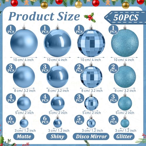 Wettarn Ice Blue 50 Pcs Shatterproof Christmas Ball Ornaments - 4/3.2/2/1.2'' with Matte, Shiny, Disco Mirror & Glitter Finishes