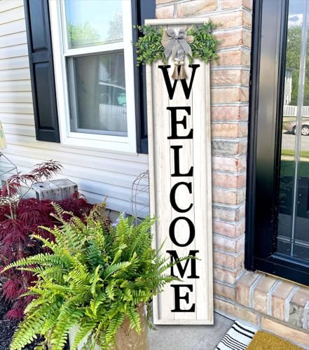 45-Inch Rustic Farmhouse Welcome Sign for Porch, White Wood Vertical Leaner