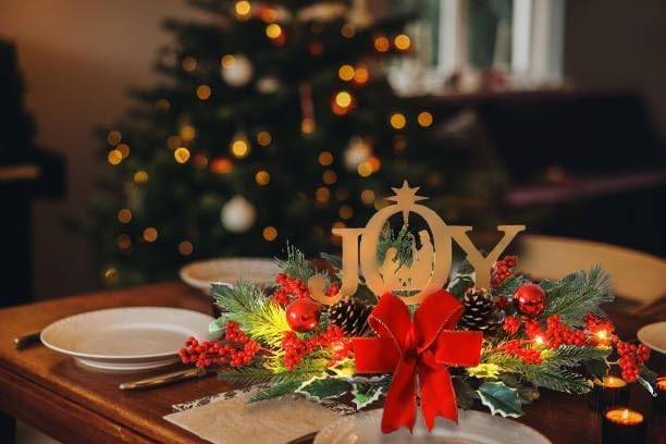 LED Christmas Centerpiece with Joy Sign, Pine Greenery & Lights
