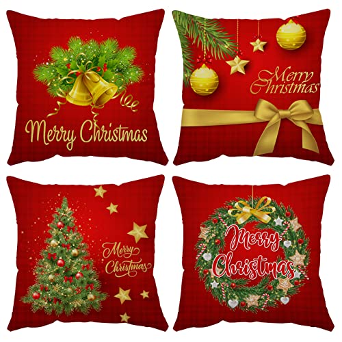 Neatee Living Merry Christmas Pillow Covers 18x18 Set of 4 Velvet Red Green Front 2023 Xmas
