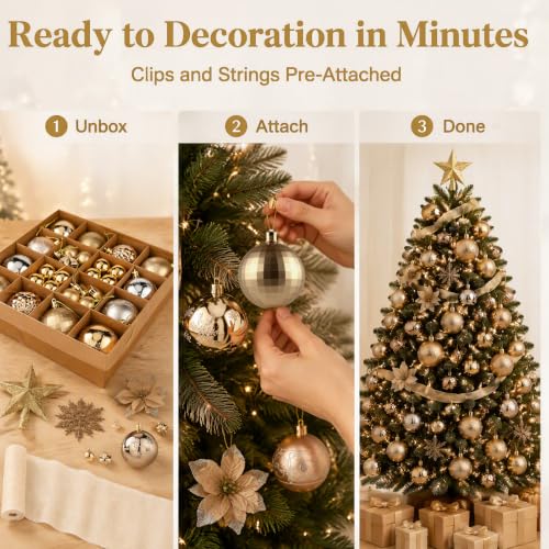 CLEANGOR 72Pcs Christmas Ornament Set – Champagne Gold Decor Kit
