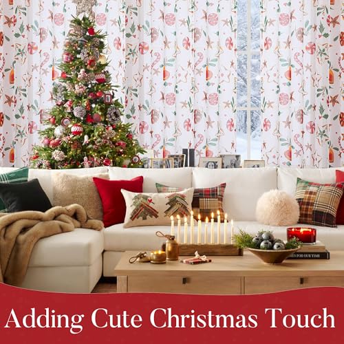 BROSHAN White Christmas Sheer Curtains 2-Panel Set 52W x 63L - Gingerbread & Candy Cane Pattern