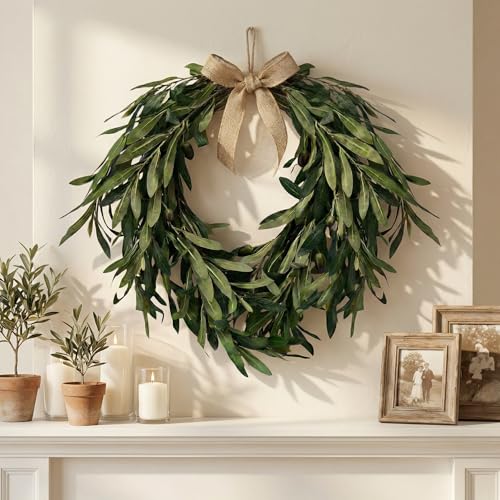 16" Heart-Shaped Artificial Olive Leaf Wreath with Fruit for Front Door