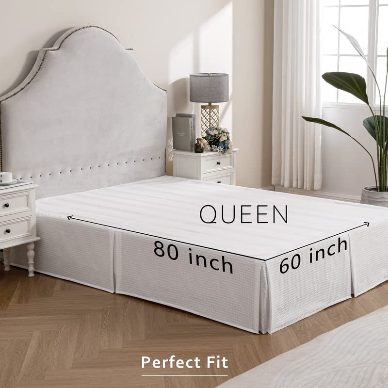 Pleated Waffle Weave Bed Skirt - 14 Inch Drop Tailored Dust Ruffle (Queen)