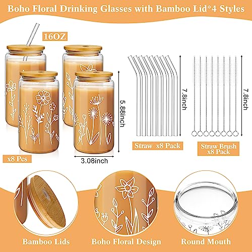 8 Pack Boho Floral Glass Tumblers, 16 oz Iced Coffee Cups with Bamboo Lids