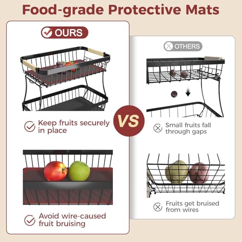 2-Tier Detachable Metal Fruit Basket with Banana Hangers & Wooden Handle