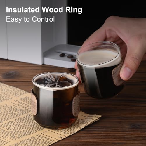 PARACITY 5 oz Espresso Shot Cups Set of 2 with Wooden Ring - Heat-Resistant Borosilicate Glass