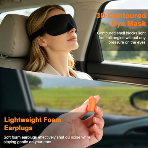 Hooded Memory Foam Travel Neck Pillow Set with Eye Mask & Earplugs