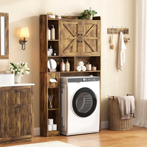 Over The Toilet Storage Cabinet with Barn Doors, Rustic Bathroom Rack