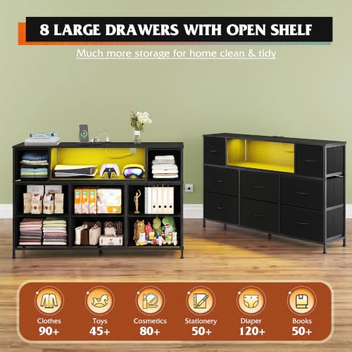 LED Dresser TV Stand for 55 Inch TV with Power Outlet & 8 Fabric Drawers