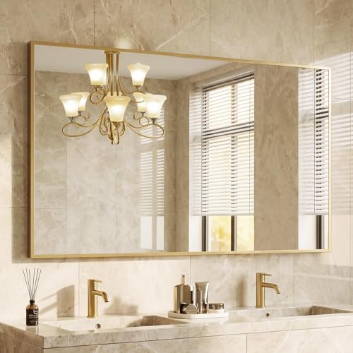30x48 Inch Rectangular Wall Mirror, Brushed Gold Metal Frame Vanity Mirror