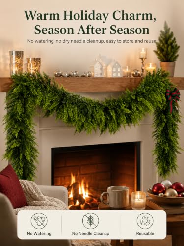 LAOWUJA 9FT Artificial Christmas Cedar Garland Real Touch Pine Greenery – 9FT / 1