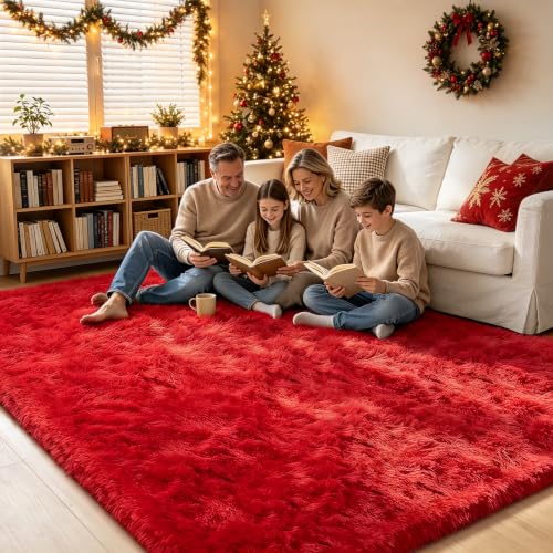 Red 4x6ft Ultra Soft Fluffy Shag Area Rug for Bedroom – Non-Slip Velvet Backing