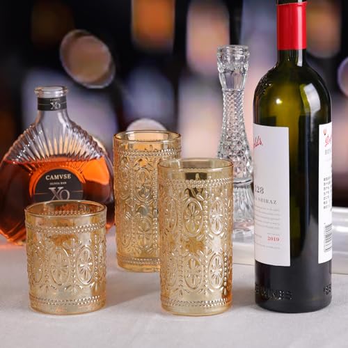 Amber 12oz Vintage Highball Glasses Set of 4 | Heavy-Duty Lead-Free Drinking Glassware