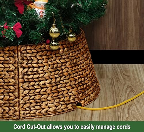 Woven Rattan Christmas Tree Collar - 42 Inch Rustic Tree Ring, Brown Wash