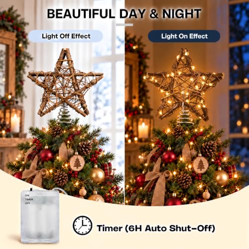 Rattan Christmas Tree Topper Star with Warm White LED Lights, Battery & USB Powered
