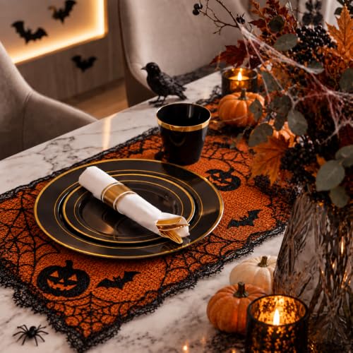 WELLIFE 210-Piece Black & Gold Plastic Dinnerware Set for 30 Guests – 30 Dinner Plates, 30 Dessert Plates, 30 Black 9 oz Cups, 30 Pre-Rolled Napkins, Goldware
