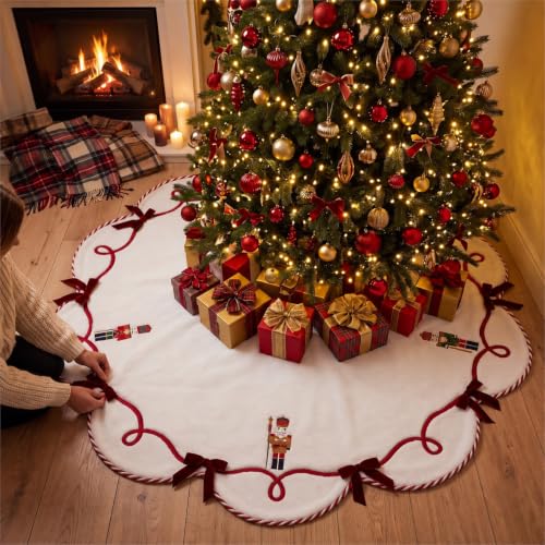 Blueweenly Classic 36 Inch Nutcracker Christmas Tree Skirt in Red, Festive Holiday Decor